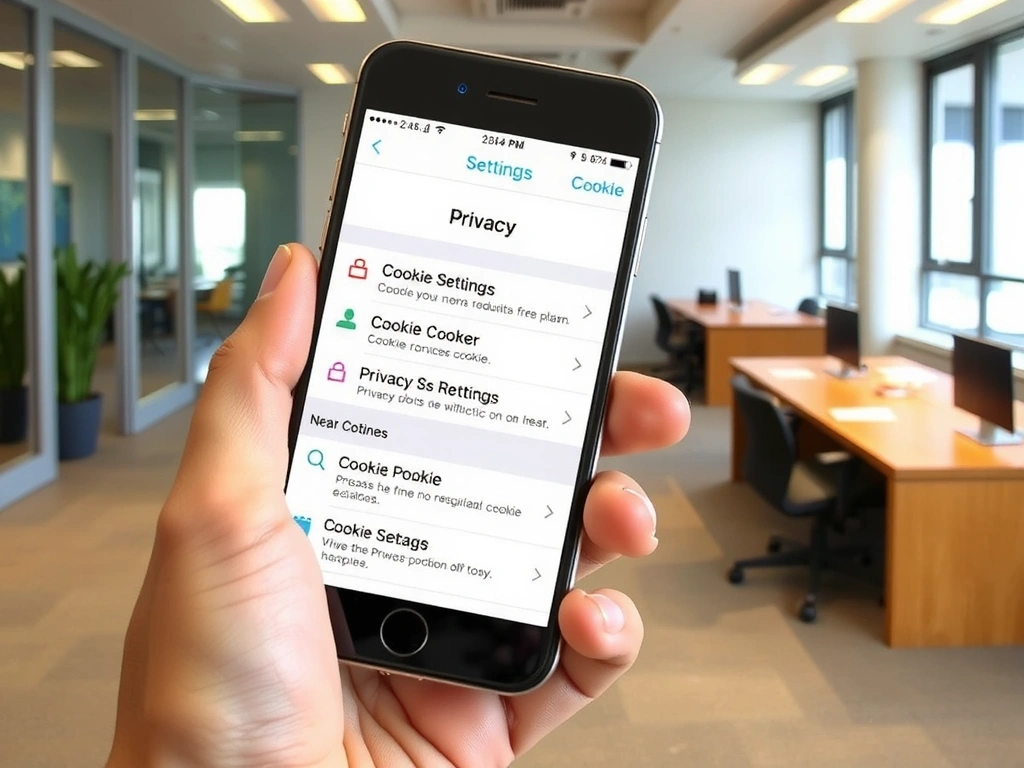 O mână care ține un smartphone cu opțiuni de setări de confidențialitate și cookie-uri