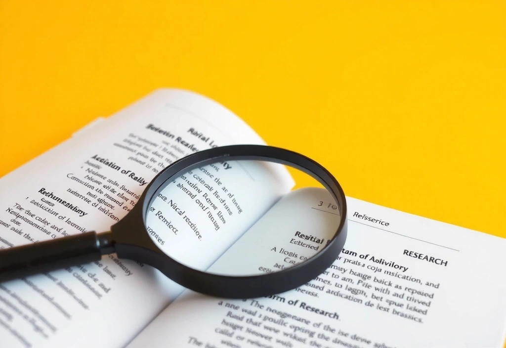 O lupă deasupra unui document științific deschis, simbolizând cercetarea și verificarea riguroasă a informațiilor.