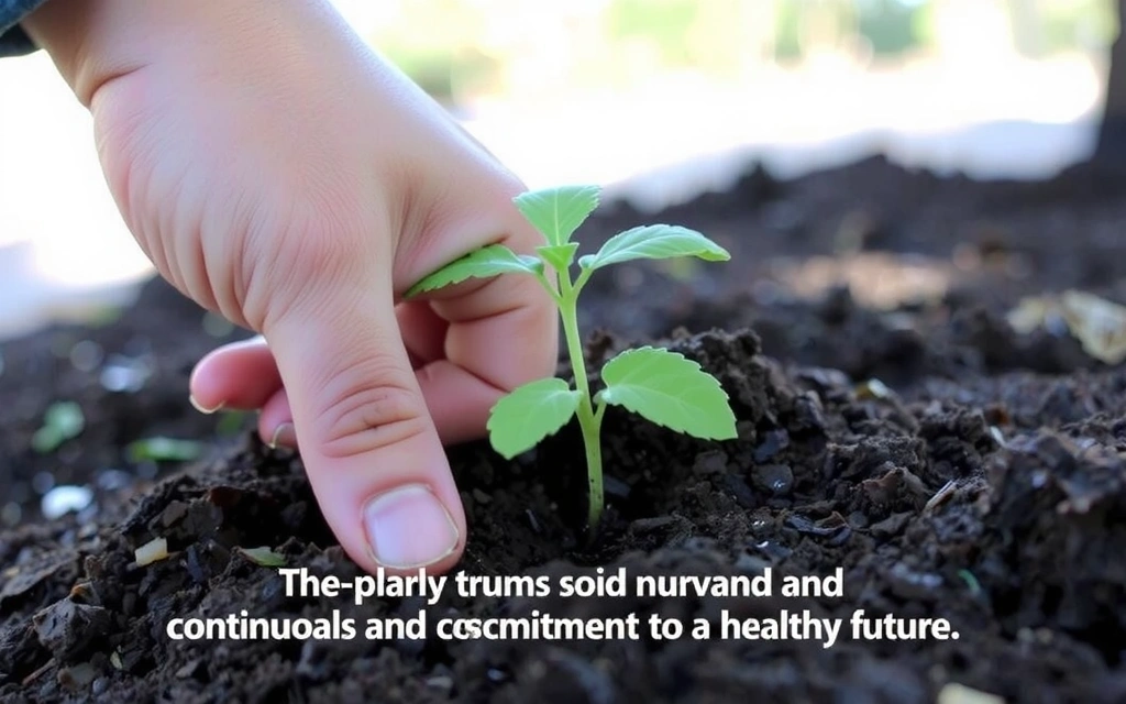 O mână care plantează un copac tânăr, simbolizând creșterea continuă și angajamentul față de un viitor sănătos.
