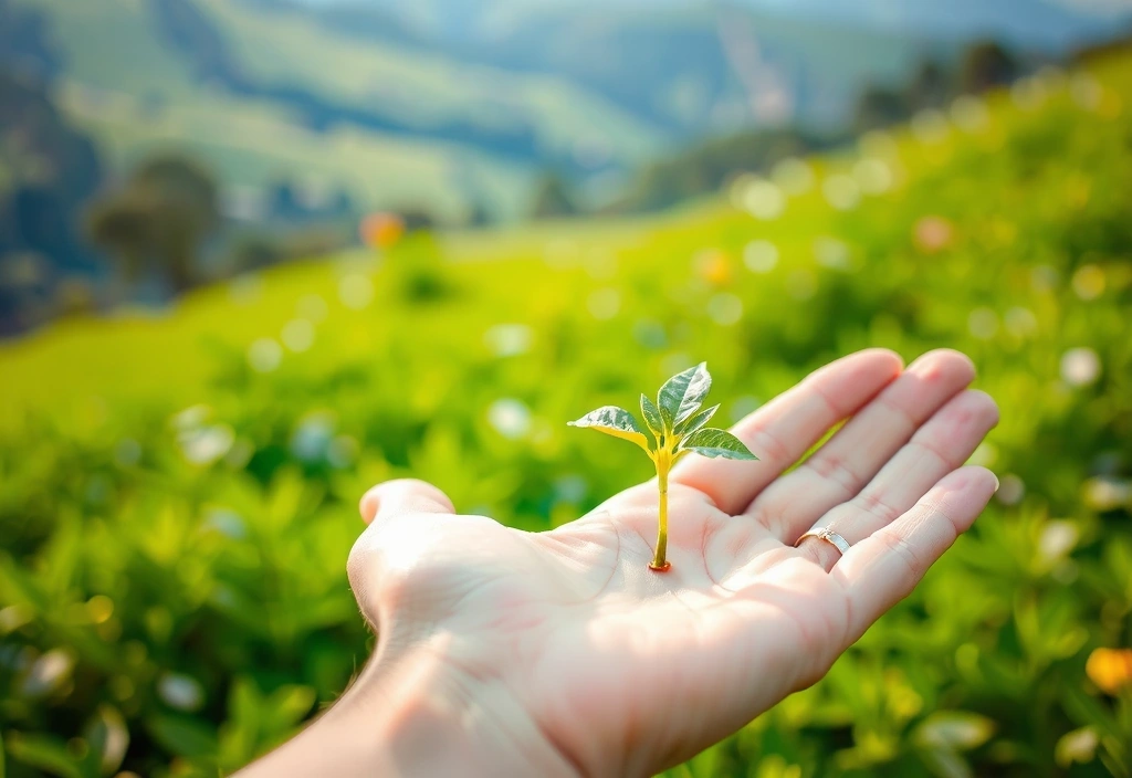 O mână care ține o plantă mică, simbolizând originea naturală și creșterea sănătoasă, cu un fundal estompat de natură verde.