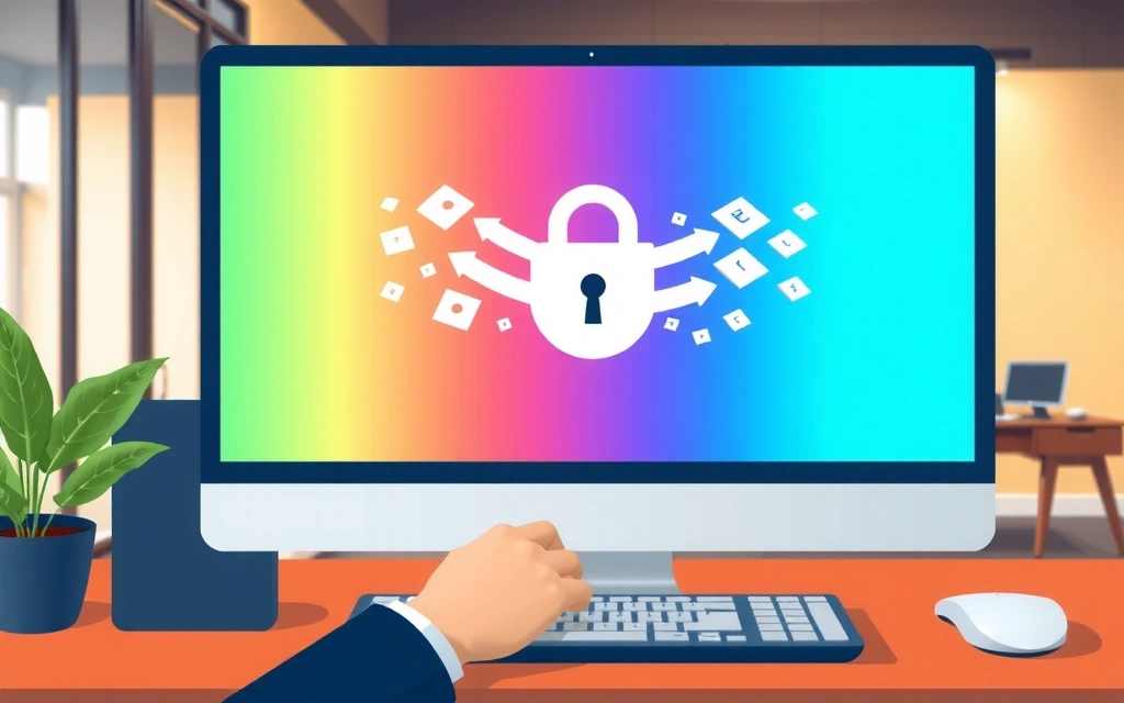 Ilustrație cu un computer și un ecran cu un lacăt, simbolizând securitatea datelor
