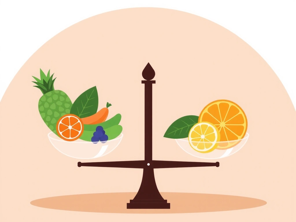 O ilustrație a unei balanțe cu un aport echilibrat de nutrienți pe o parte și o doză zilnică recomandată pe cealaltă.