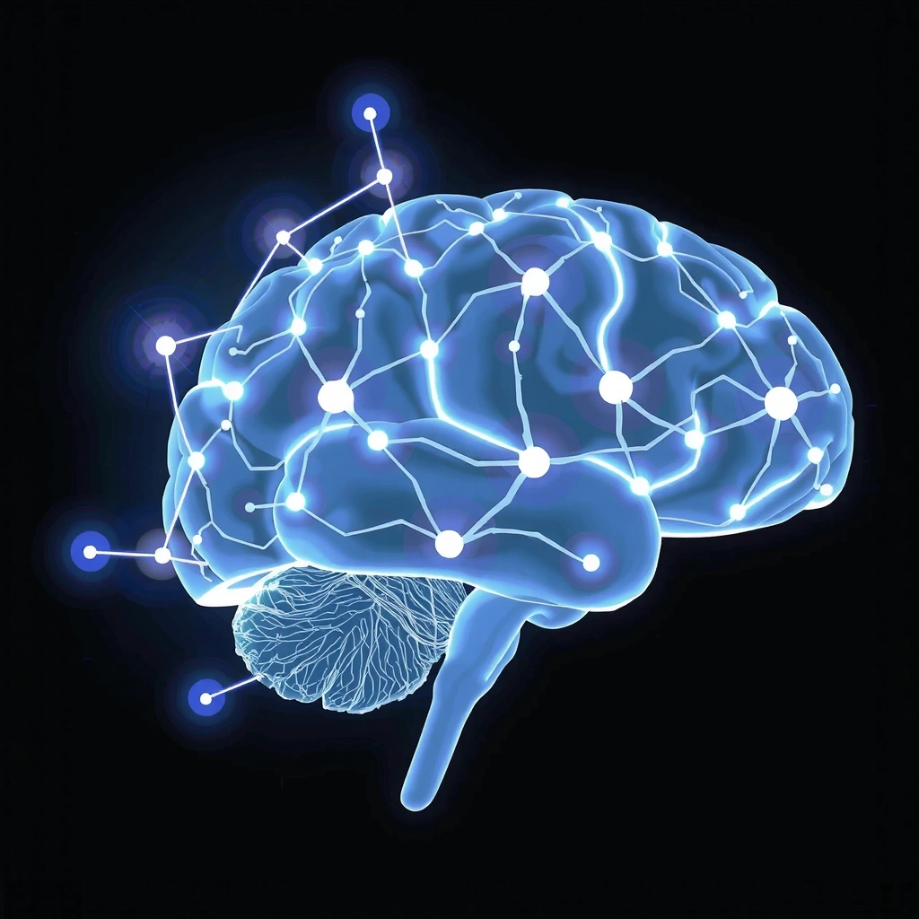 Un creier stilizat cu circuite luminoase, reprezentând funcția cognitivă și neuroprotecția.