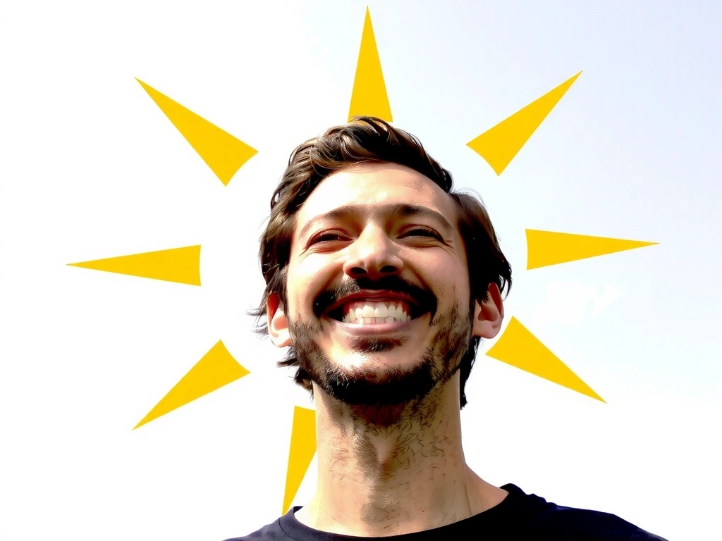 O persoană zâmbind, cu raze de soare, simbolizând o stare de spirit bună