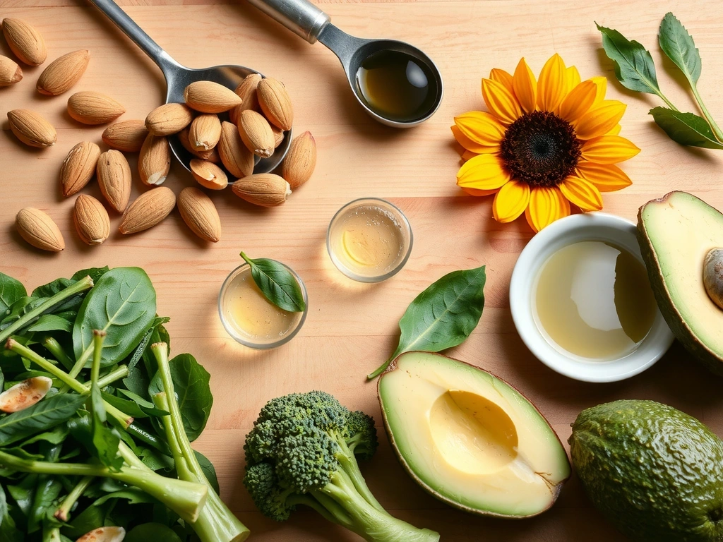 Diverse surse alimentare bogate în Vitamina E: nuci, semințe, avocado și legume cu frunze verzi.