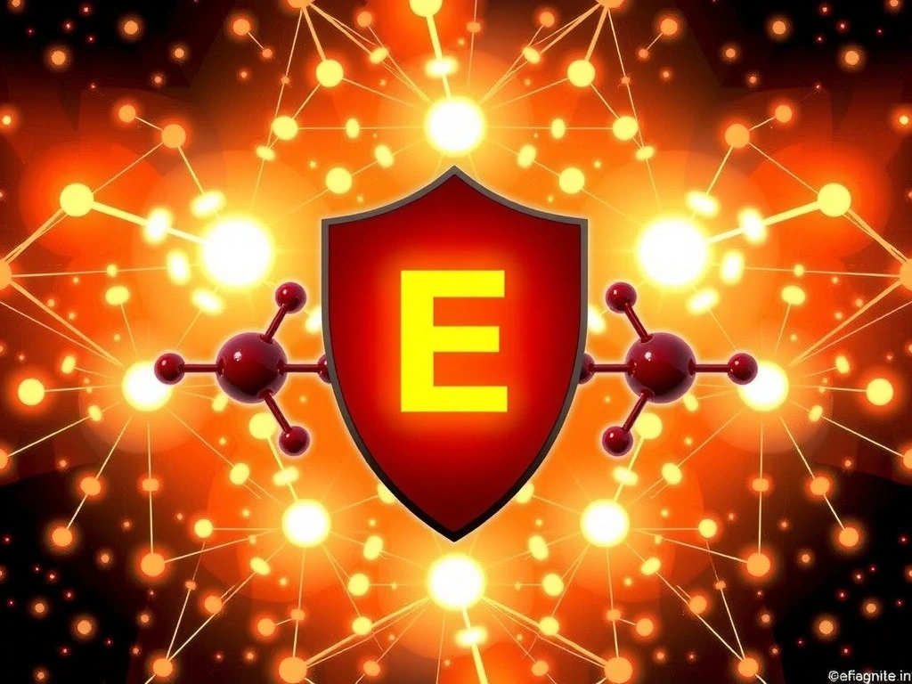 O imagine stilizată a moleculelor de Vitamina E care protejează celulele de radicalii liberi, cu un fundal abstract de lumină și energie, simbolizând sănătatea și longevitatea. Fără text.