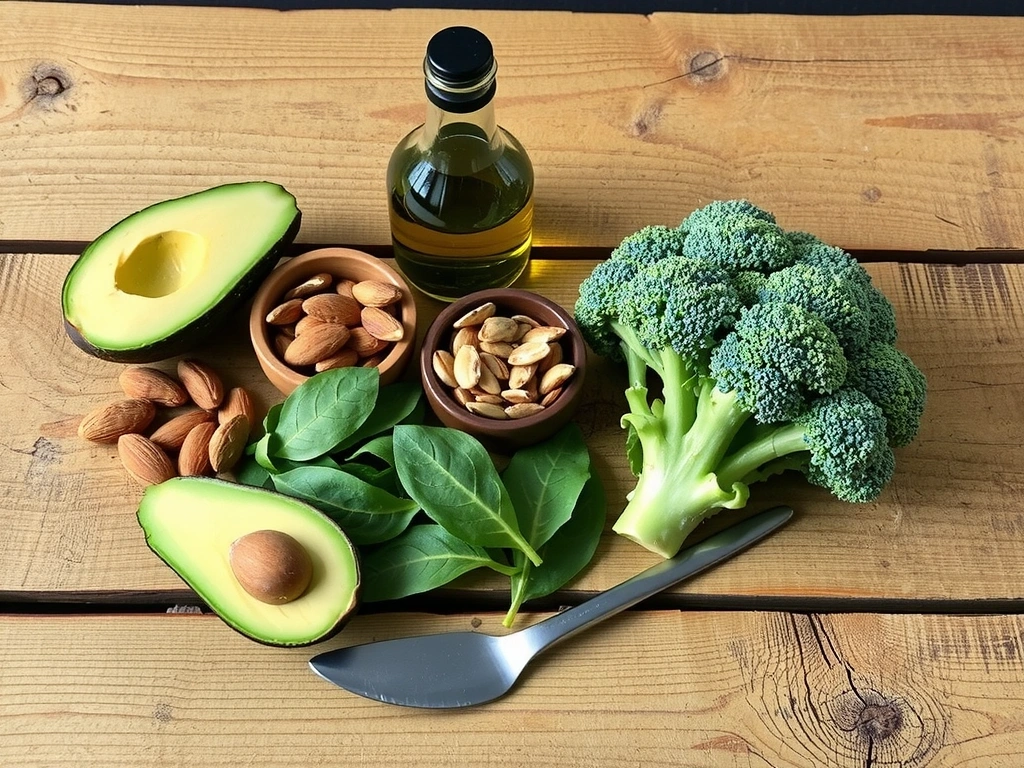 Un coș plin cu diverse alimente proaspete, bogate în Vitamina E, cum ar fi avocado, migdale, semințe de floarea-soarelui, spanac și ulei de măsline, așezate pe o masă de lemn. Lumină naturală. Fără text.