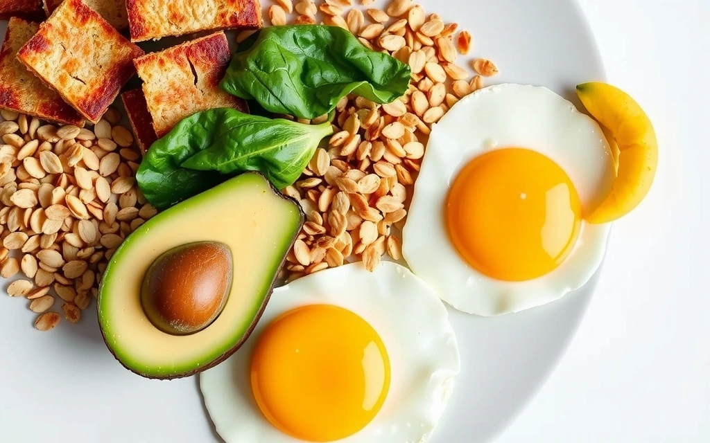 Diverse alimente bogate în vitamine B, cum ar fi cereale integrale, ouă și legume verzi.